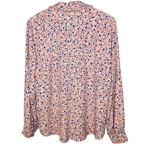 ZARA Pink Blue Floral Button Front Long Sleeve Ruffle Detail Blouse  Sz. XL - Picture 11 of 13